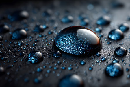 Detailed macro image of condensed water droplets or dew on a dark, textured surface. The texture of the dark surface suggests a solar panel or technological material.の素材