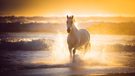 A majestic white horse gallops through the waves of the sea on a beach during sunset or sunrise. The image evokes a feeling of freedom and power.の素材