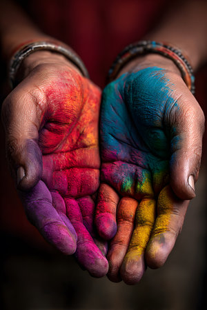 Close-up of a person's hands holding the powder, Gulal, used in the Holi festival. The palms are open and full of intense colors such as blue, red, pink, and orange-yellow.の素材