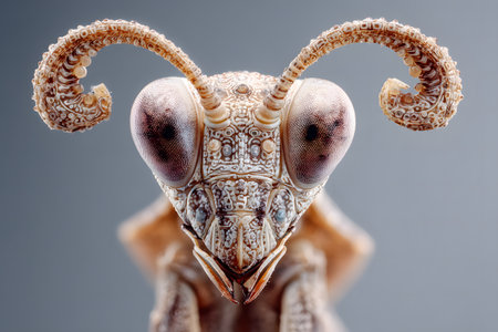 Close-up and frontal portrait of a praying mantis, highlighting its large, bright green compound eyes.の素材