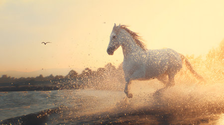 A majestic white horse gallops through the waves of the sea on a beach during sunset or sunrise. The image evokes a feeling of freedom and power.の素材