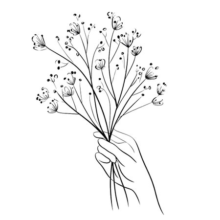 A minimalist and elegant artwork in continuous single lines, depicting a human hand holding a delicate bouquet of wildflowers or sprigs of plants.の素材