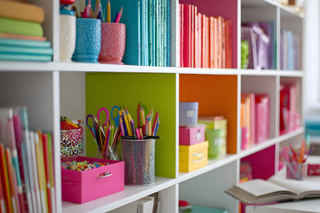 A white bookcase divided into niches, displaying school and art supplies in colorful boxes and containers. Books, notebooks, pencils, scissors, and small objects fill the shelves.の素材