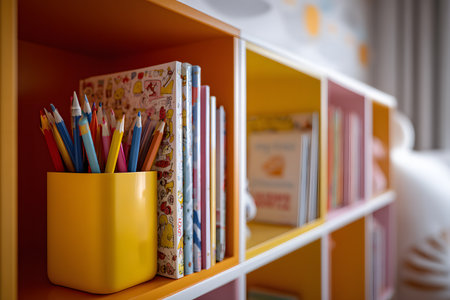A white bookcase divided into niches, displaying school and art supplies in colorful boxes and containers. Books, notebooks, pencils, scissors, and small objects fill the shelves.の素材
