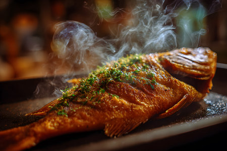 Close-up of a whole fried and baked fish, richly seasoned with fresh green herbs, suggesting the dish has just been served on a dark surface.の素材