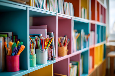 A white bookcase divided into niches, displaying school and art supplies in colorful boxes and containers. Books, notebooks, pencils, scissors, and small objects fill the shelves.の素材