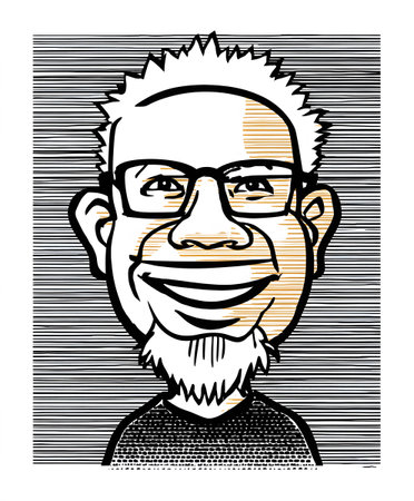 Digital caricature in a comic style of an older, bald man with a gray beard and mustache, goatee, and black-rimmed glasses.の素材