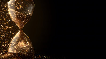 An elegant and transparent glass hourglass, with shimmering golden particles dripping down, against a dark background with bokeh lights. It evokes concepts of time, luxury, decay, and eternity.の素材
