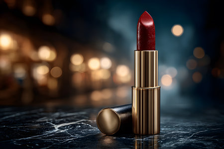 A vibrant red luxury lipstick in a black and gold tube on a black marble surface, with blurred urban lights in the background.の素材