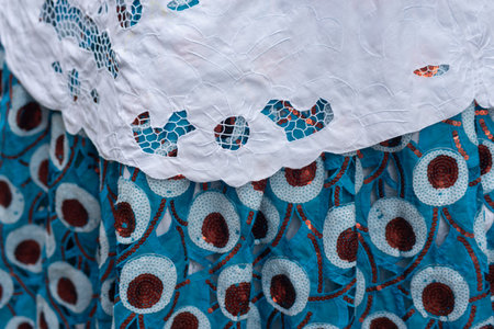 Salvador, Bahia, Brazil - November 25, 2025: Detail of white lace with a printed skirt of a Bahian woman selling acaraje. Pelourinho, Salvador, Bahia.のeditorial素材