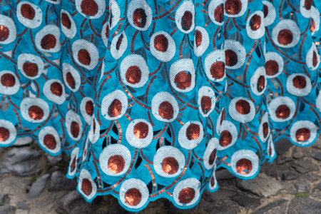Salvador, Bahia, Brazil - November 25, 2025: Detail of white lace with a printed skirt of a Bahian woman selling acaraje. Pelourinho, Salvador, Bahia.のeditorial素材