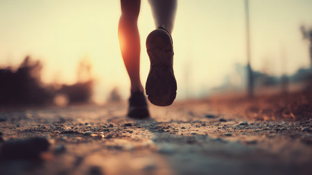 A close-up view of a runner's legs and shoes in motion, at the sole level, on a partially paved or gravel road, with warm colors and autumnal tones in a blurred background.の素材