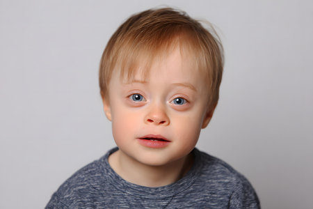 A close-up portrait of a young boy with Down syndrome, looking directly at the camera with expressive blue eyes and an innocent, inquisitive expression.の素材