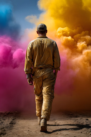 A man with his back turned, wearing overalls and a cap, walks across dry land towards a dense explosion of smoke and colored powder, pink, yellow, and orange, creating a dramatic and mysterious scene.の素材