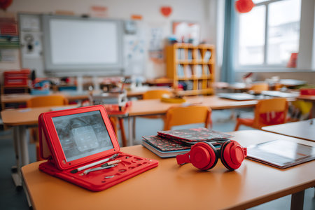 A detailed plan of a school desk with an assistive technology device, featuring a robust tablet with an adapted keyboard and an alternative and augmentative communication panel, ideal for inclusion in the classroom.の素材