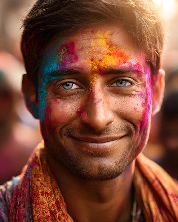A vibrant and joyful close-up of a smiling man's face, covered in colorful gulal powder in yellow, pink, and blue, celebrating the Holi Festival.の素材