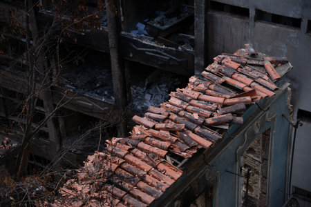 Salvador, Bahia, Brazil - August 13, 2025: View of buildings in ruins and burned by fire in the ComÃ©rcio neighborhood in Salvador, Bahia.のeditorial素材
