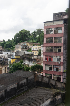 Salvador, Bahia, Brazil - August 13, 2025: Aerial view of juxtaposed old and decaying buildings in...