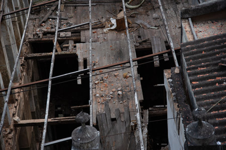 Salvador, Bahia, Brazil - August 13, 2025: Aerial view of buildings in ruins due to a fire in the ComÃ©rcio neighborhood in Salvador, Bahia.のeditorial素材