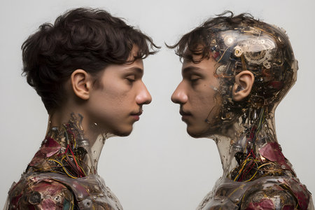 Profile view of two identical young people, one seemingly human and the other a cyborg with a transparent head and visible internal mechanisms, symbolizing duality and the thin line between life and machine.の素材