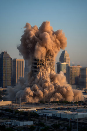 A dramatic, vertical image of the controlled demolition of a building, engulfed by a massive, dense cloud of smoke and dust.の素材
