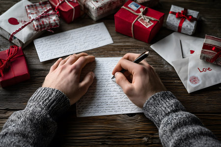 Male hands wearing a gray sweater and writing a letter with a fountain pen on a rustic wooden table, surrounded by red-wrapped gifts, evoking an intimate message of love or gratitude.の素材