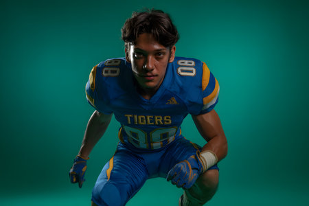 Close-up and intense portrait of a young American football player in his blue and yellow uniform, screaming with his mouth open in an expression of aggression, victory, or pure emotion, against a green background.の素材