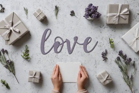 Top view of a person's hands holding a small white card with the word "love" in lilac and gifts wrapped in neutral colors and arrangements of lavender and rosemary scattered on a textured background.の素材
