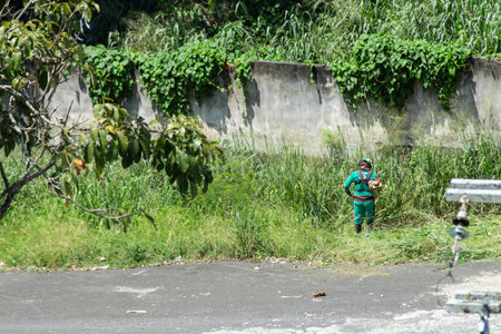 Salvador, Bahia, Brazil - November 28, 2025: Tall grass and weed cutting in a parking lot. A city employee is seen doing the work. Salvador, Bahia.のeditorial素材
