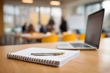 An open spiral notebook and a pen lie on a wooden table in the foreground, with a blurred laptop in the background. Students in a university classroom or conference room are blurred in the background, watching a projection screen.の素材