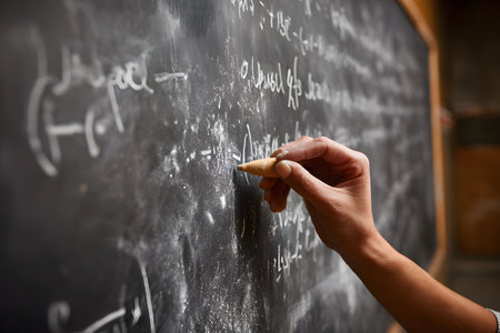 A close-up image of a teacher's hand writing mathematical formulas or complex equations on a dusty blackboard using chalk. The focus is on the act of writing and the details of the chalk.の素材