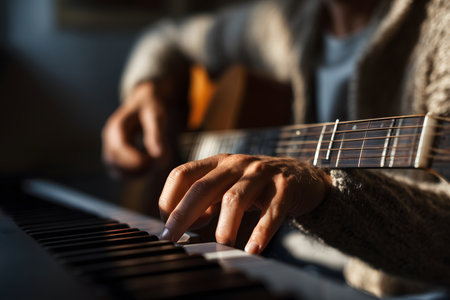 A musician playing an acoustic guitar, with their left hand pressing the strings on the fretboard. In the foreground, out of focus, part of a piano keyboard is visible, suggesting a musical arrangement or recording studio.の素材