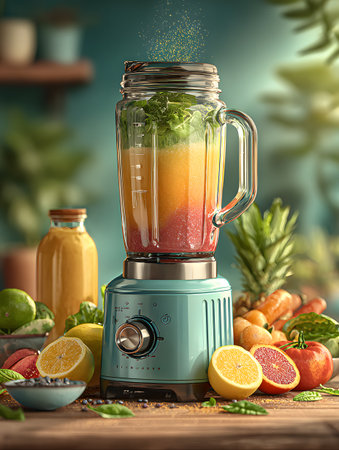 A turquoise blue retro-style blender, filled with colorful layers of juice made from vegetables and fruits like carrot, beet, and lemon, in a well-lit kitchen. A variety of fresh ingredients are arranged around it.の素材