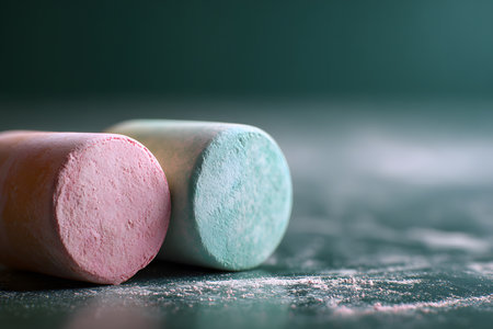 Two old chalk erasers, with colored chalk residue on their surfaces, rest on a blackboard covered in chalk dust. The light creates a nostalgic atmosphere.の素材