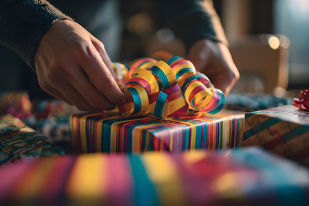 A person's hands opening a birthday present wrapped in striped paper and tied with a multicolored ribbon, focusing on the ribbon detail and additional gifts in the blurred background.の素材