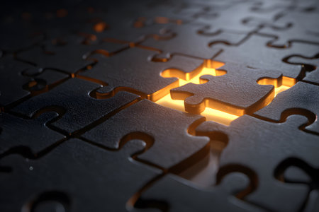 Close-up of a dark or black 3D puzzle, with a single piece missing. The opening radiates a bright golden or orange light, with the final piece in focus, about to be fitted, symbolizing the solution.の素材