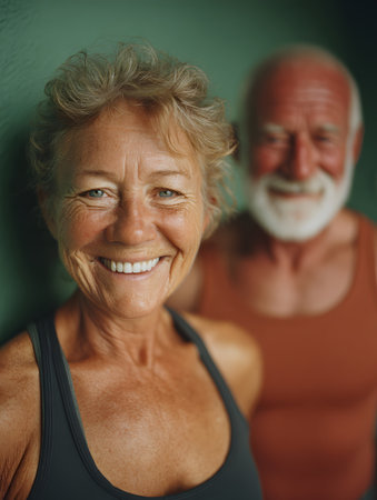 Portrait of an elderly couple smiling, the woman in the foreground, while the man is slightly out of focus behind, both holding dumbbells, exercising at home.の素材
