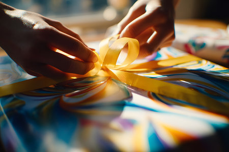 A person's hands opening a birthday present wrapped in striped paper and tied with a multicolored ribbon, focusing on the ribbon detail and additional gifts in the blurred background.の素材