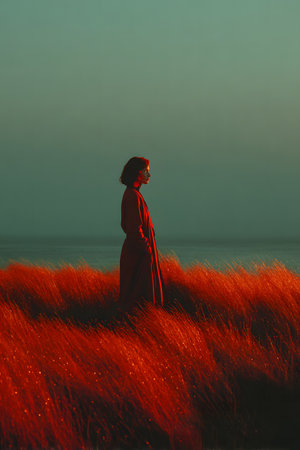 Portrait of a young woman in a field of grass or reeds with intense shades of red and orange, illuminated by the late afternoon sunlight, creating a cinematic and surreal scene.の素材