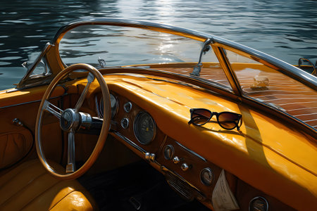 View of the interior of a luxury retro-style speedboat, with wood finishes and warm shades of yellow, sailing on calm, sparkling waters under the sun.の素材