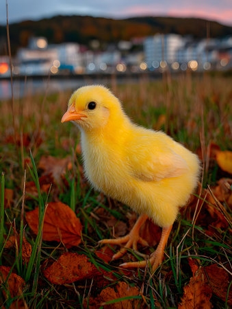 Close-up of a cute little yellow chick perched on the grass with dry autumn leaves and a blurred background of city and water landscape at dusk.の素材
