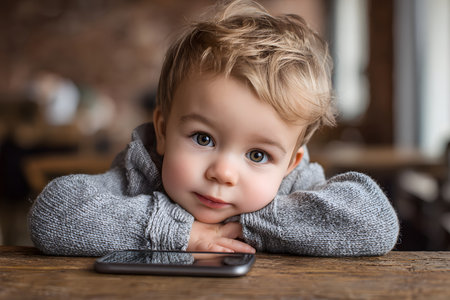 Close-up of a baby, approximately one year old, resting on his crossed arms on a wooden table, looking directly at the camera, with a cell phone nearby on the table.の素材