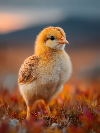 Close-up of a cute little yellow chick perched on the grass with dry autumn leaves and a blurred background of city and water landscape at dusk.の素材