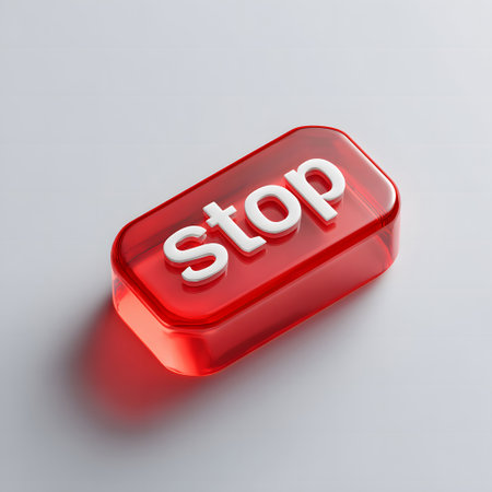 3D rectangular icon, similar to a stop sign, made of bright red translucent material with the word "STOP" embossed and high-gloss. The glass object has reflections and is on a white background.の素材