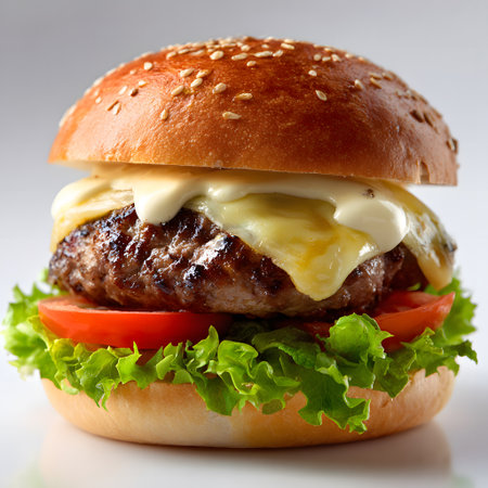 An irresistible handcrafted hamburger with juicy grilled beef, topped with golden melted cheese, fresh lettuce leaves, tomato slices, and a soft, lightly toasted bun. The image highlights the details and texture of the sandwich in high definition, ideal for use in food advertising, menus, or gastronomic campaigns.の素材