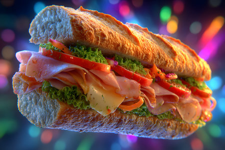 Close-up food photograph of a gourmet submarine sandwich richly filled with rolled cold cuts, cheese, colorful vegetables, and lettuce, with a blurred background and bokeh lights.の素材