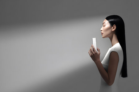Profile portrait of an elegant Asian woman with straight hair, holding a white beauty product at face level with her eyes closed, against a studio background with a diagonal light strip.の素材