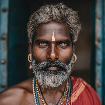 An intense and vibrant close-up portrait of an Indian Sadhu, or man, with a gray beard and hair, wearing a tilak on his forehead, beads, and earrings, gazing intently at the camera.の素材