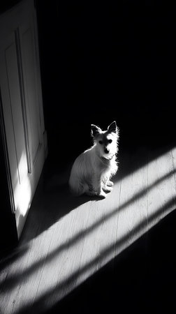 A dramatic black and white image of a small white dog sitting on a wooden floor indoors. A strong beam of light illuminates it, creating shadow streaks and high contrast.の素材