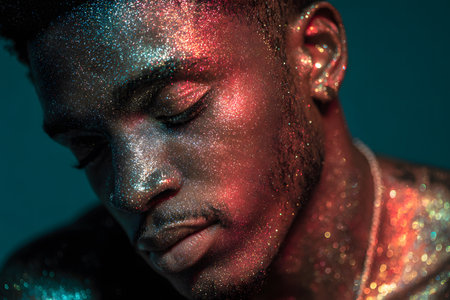 Artistic portrait of a black man sitting in the dark with his eyes closed, covered in shimmering holographic glitter in green, blue, and red, against a black background.の素材